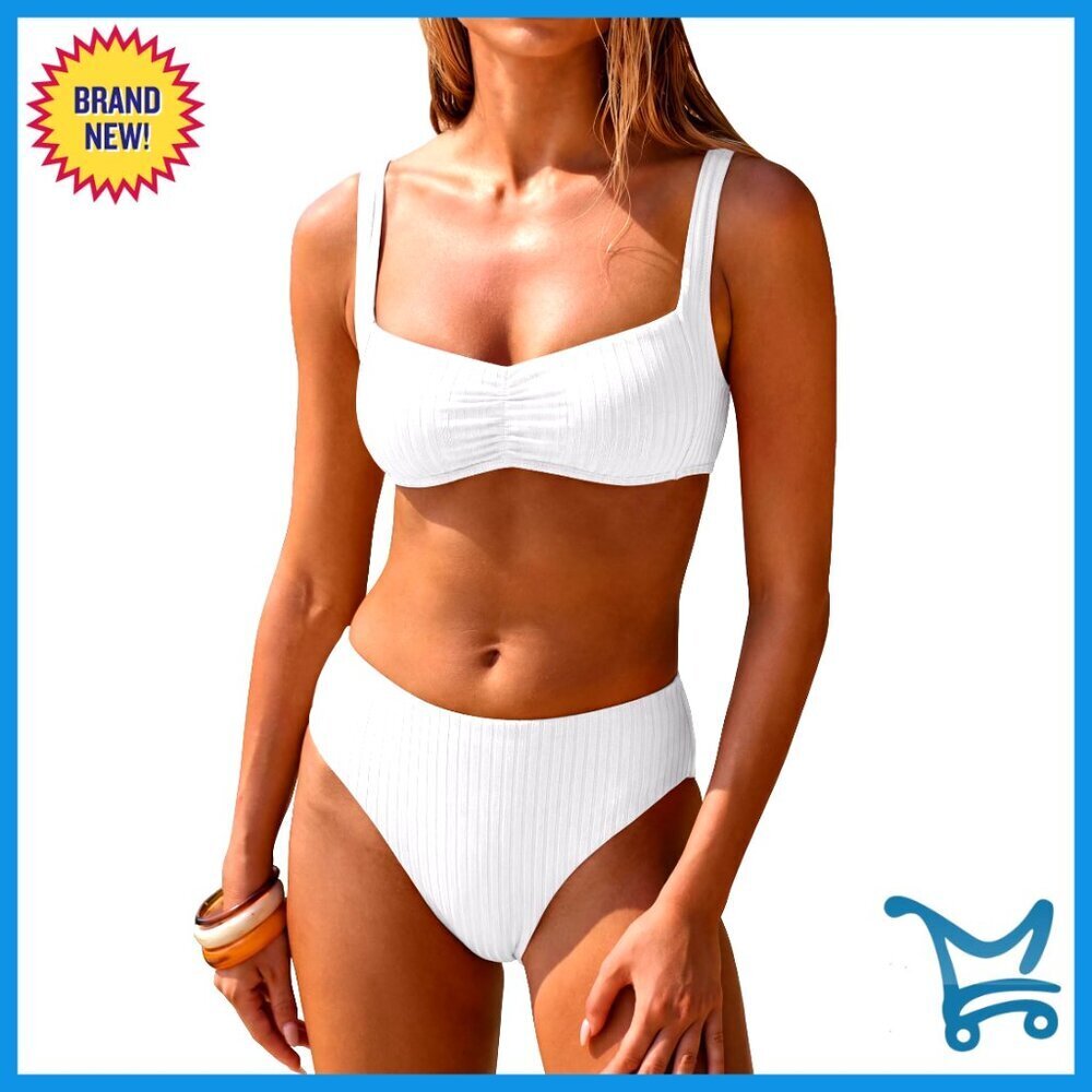 Ribbed Ruching Two Piece Swimsuit Adjustable Straps Wire Free Bikini Set